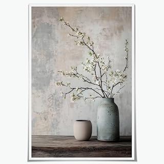 Minimalist Blossoms in Ceramic Vase Canvas Print Rustic Farmhouse Floral Wall Art Vintage Country Pottery Still Life Poster for Office Bedroom Living Room Apartment Wall Decor-12x18inch Unframed