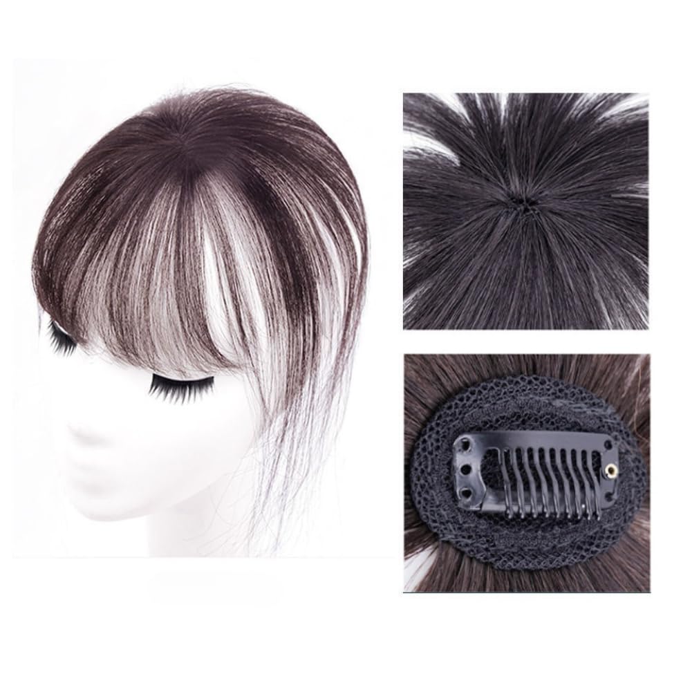 Invisible Straight Topper with Bangs Clip in Hairpiece Human Hair Wiglet For Women Thin Hair (Brownish black,Head spin style)