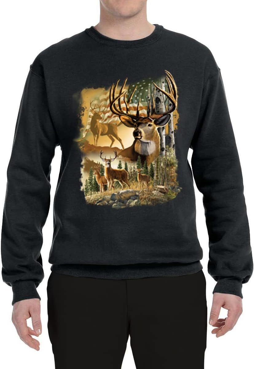 Wild Bobby Deers in Mountains Patriotic American Flag Hunting Animal Lover Unisex Crewneck Graphic Sweatshirt