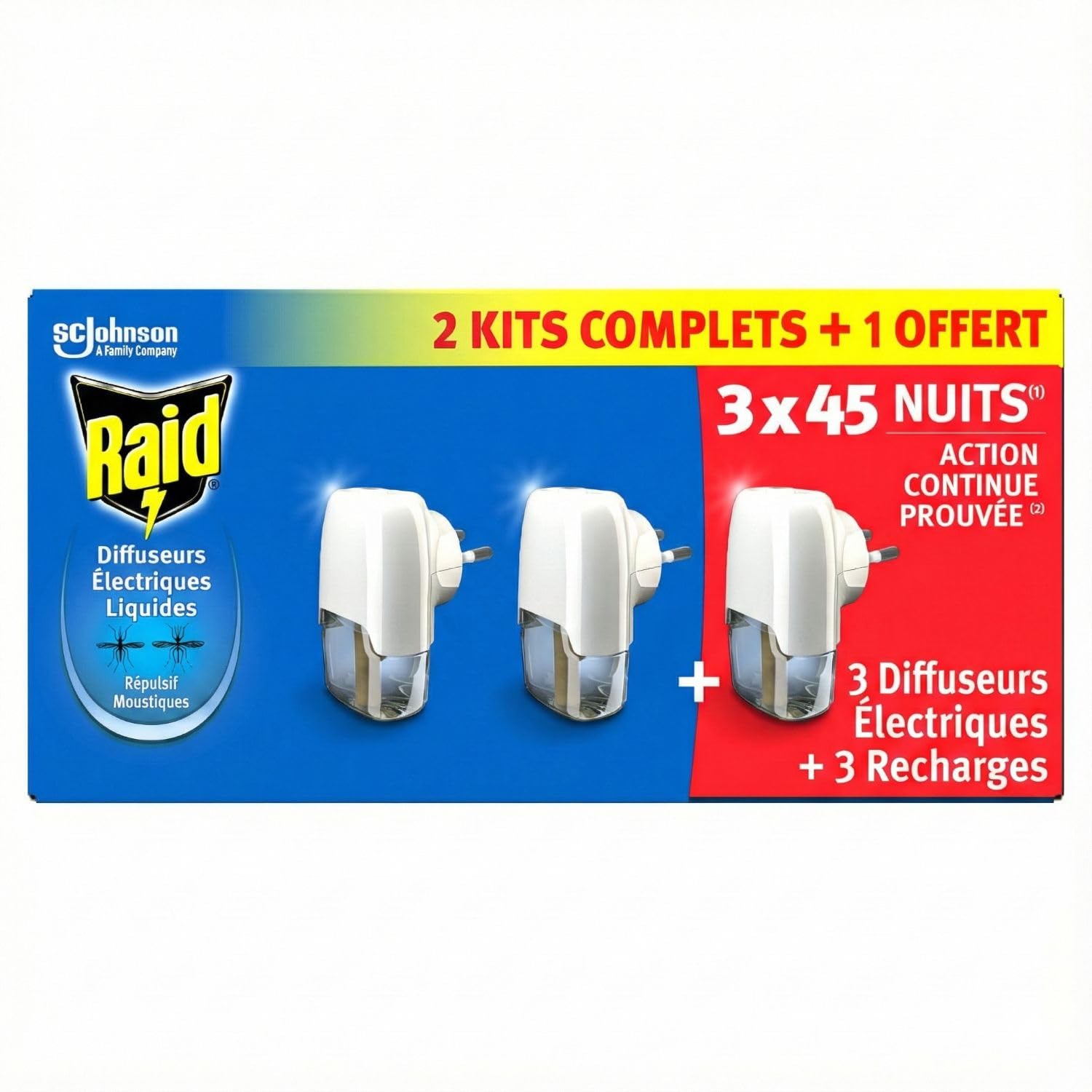 Raid Diffuseur Electrique Liquide - Répulsif Moustiques - 3 Diffuseurs + 3 Recharges 2 en 1 - 45 Nuits