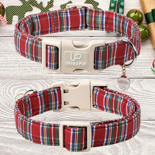 Image of Christmas Plaid Dog Collar, Red and Blue Check Adjustable Pet Collar with Quick Release, Christmas Stripes Collar for Small Medium Large Dogs M