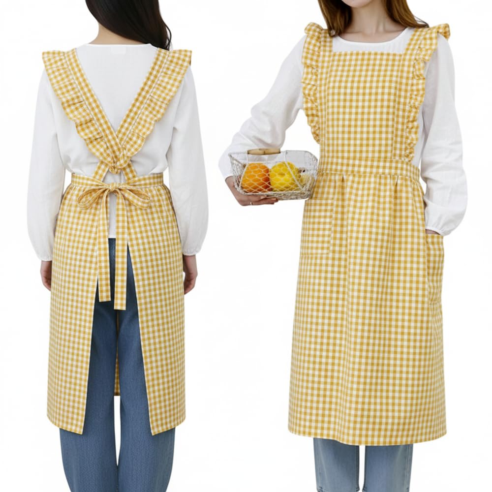 Dongker Yellow White Vintage Gingham Apron,Cotton Kitchen Apron With Ruffle Straps And 2 Pockets For Cooking Bbq Baking Gardening