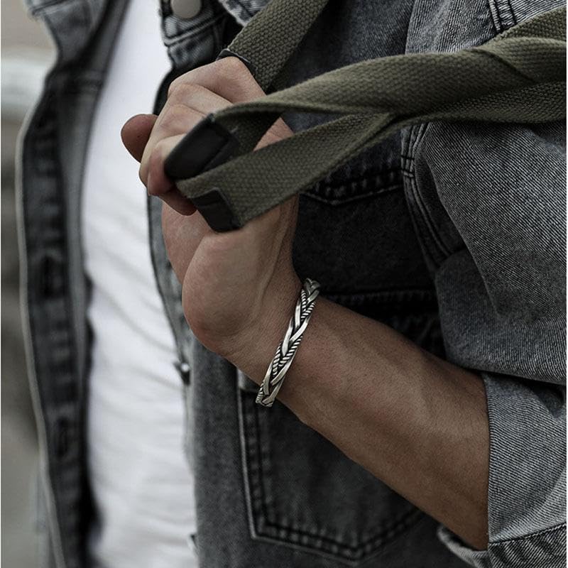 Mens Silver Cuff Bracelet - Adjustable Bangle with Vintage Twisted Design - Image 4