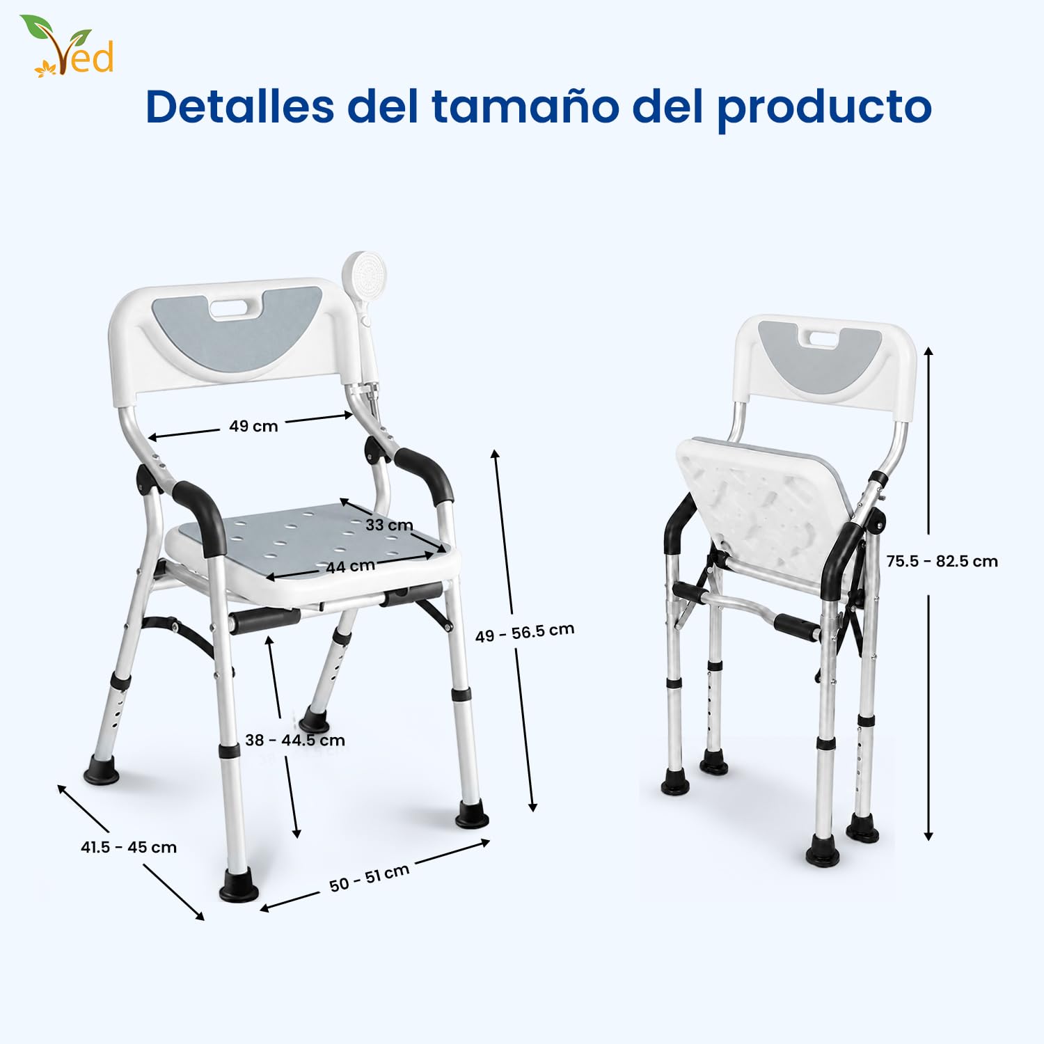 Silla de Ducha con Taburete VED, Asiento de bañera, Silla de Ducha Plegable, Asiento de baño portátil con Patas de Aluminio duraderas, Ajustable con Respaldo para baño.
