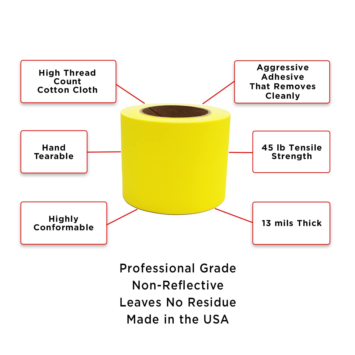 ChromaLabel Non-Reflective Multi Purpose Professional Grade Gaffer Tape Matte Finish, 30 Yards Per Roll, 4 Inch, Yellow
