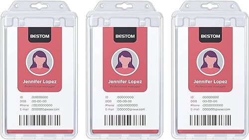 Miniatura 7 de Bestom Portatarjetas de identificación de plástico duro para insignias con bloqueo permanente, resistente estilo vertical, seguro, de doble cara,