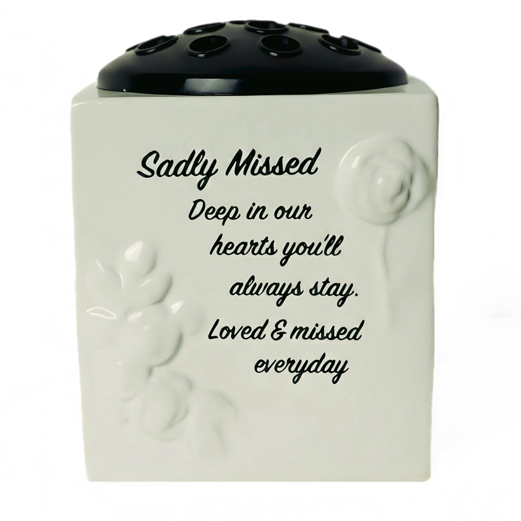 Memorial Grave Vase with Flower Holder, Sadly Missed Sentiment, White, Floral Tribute
