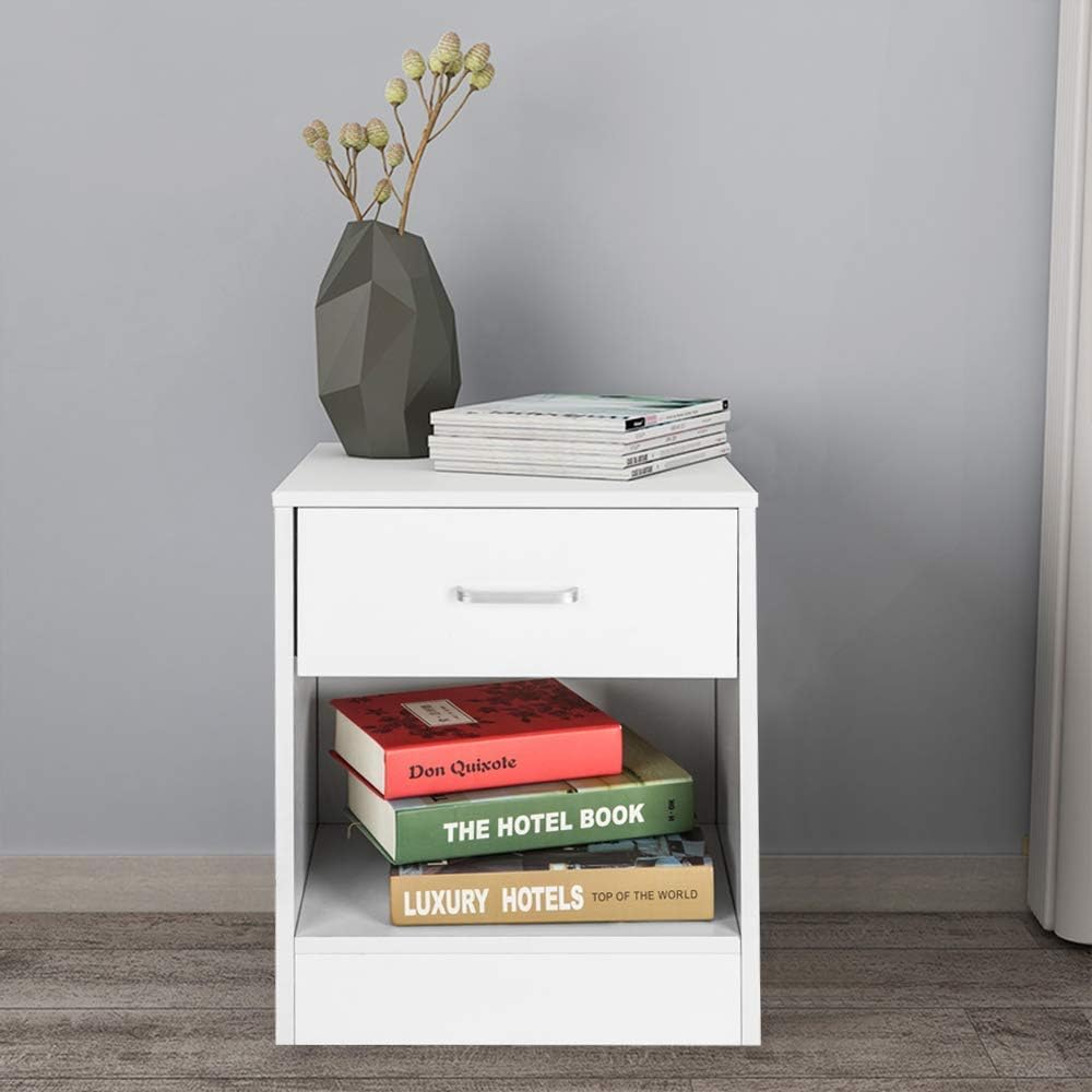 Henf Small Nightstand w/Drawer and Storage Shelf, Set of 2 Wooden Bedside Table Solid Structure and Stable Frame End Side Table Suitable for Bedroom and Accent Table, White