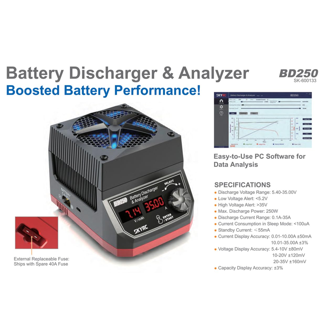 SKYRC BD250 - Caricabatterie da modellismo LiHV, LiPo, NiMH, funzione di scarica, display grafico