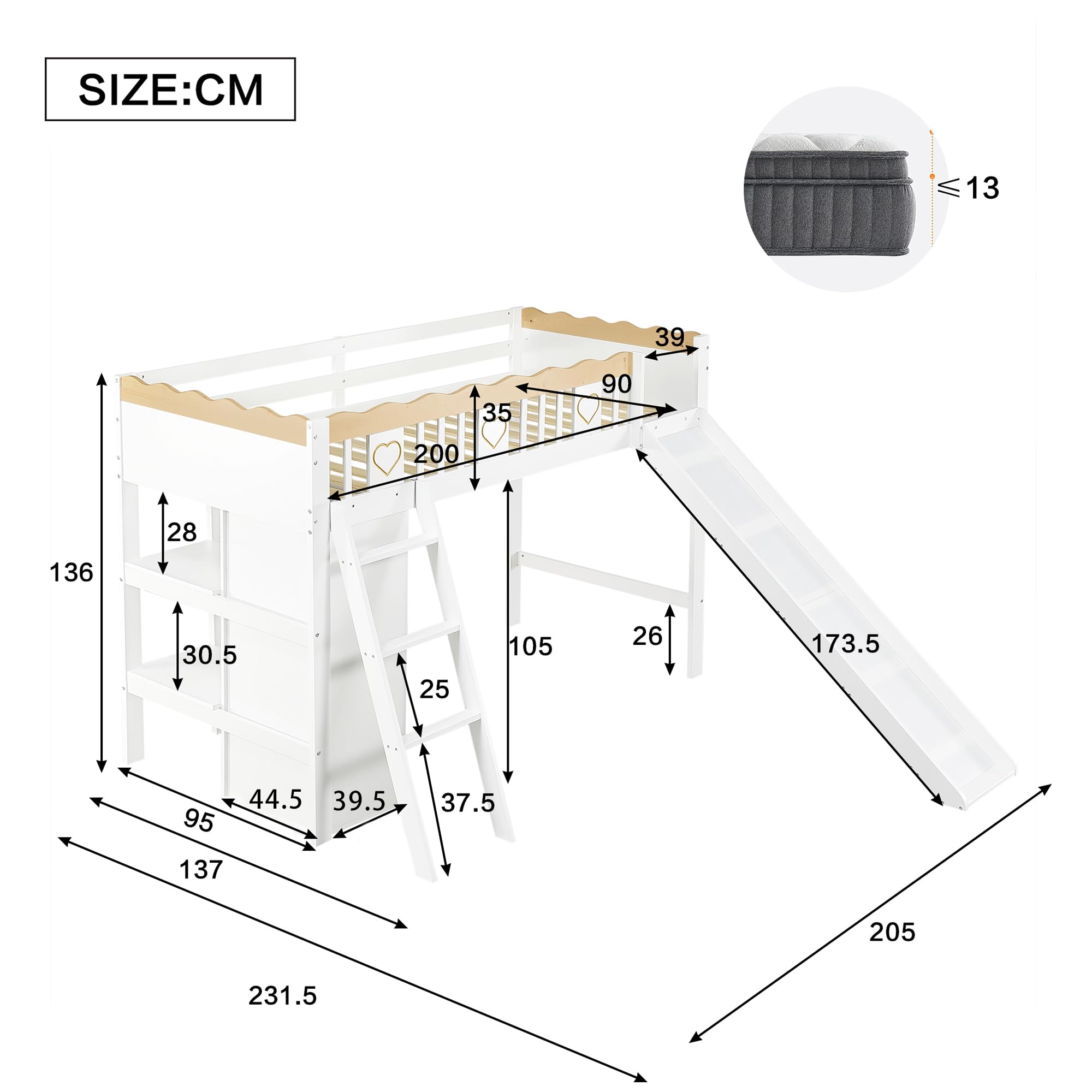Azkoeesy Letto a Soppalco per Bambini con Scivolo, Scala Inclinata, Armadio, Mensole Librarie Integrate, Parapetto di Sicurezza Ondulato, in Pino Massiccio, Bianco, 90x200 cm