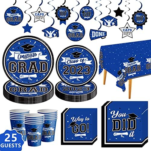 DAZONGE Blue Graduation Decorations 2023, Graduation Party Supplies for 25 Guests, Disposable Graduation Party Decorations Tableware Set, Plates, Napkins, Cups, Tablecloth with Congrats Grad Hanging Swirls…