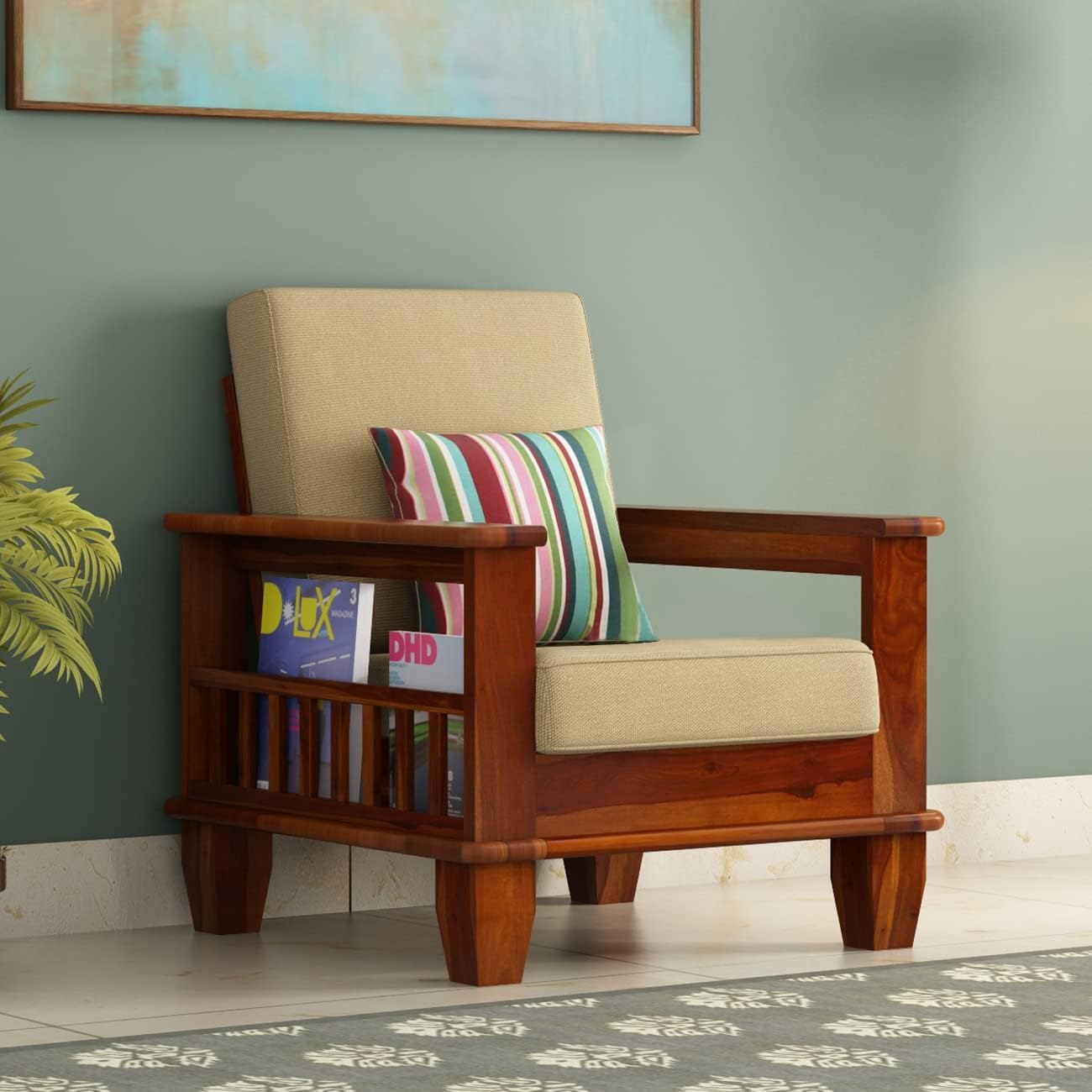 Credenza Sheesham Wood Single Seater Sofa Set for Living Room | Solid Wooden Sofa Chair with Cushion | Handcrafted Design in Honey Finish | Single Sofa for Bedroom & Lounge-image-22