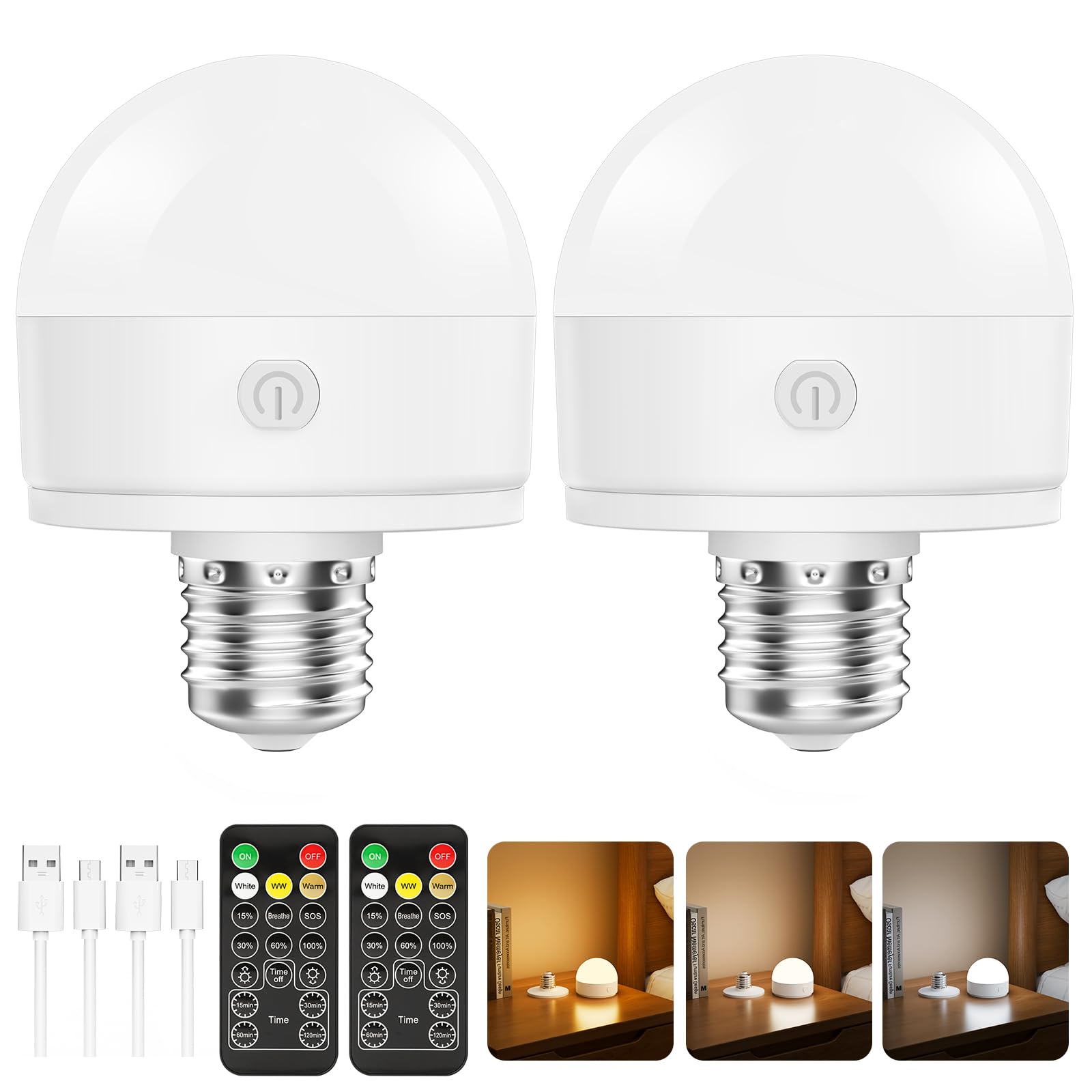Suright 2 Stück Wiederaufladbare Glühbirne mit Fernbedienung, 3 Farbtemperaturen, Dimmbare E27 Abnehmbare LED Glühbirne mit Timing-Funktion, Akku Glühbirne für Nicht Verkabelte Lampen, Dekoration