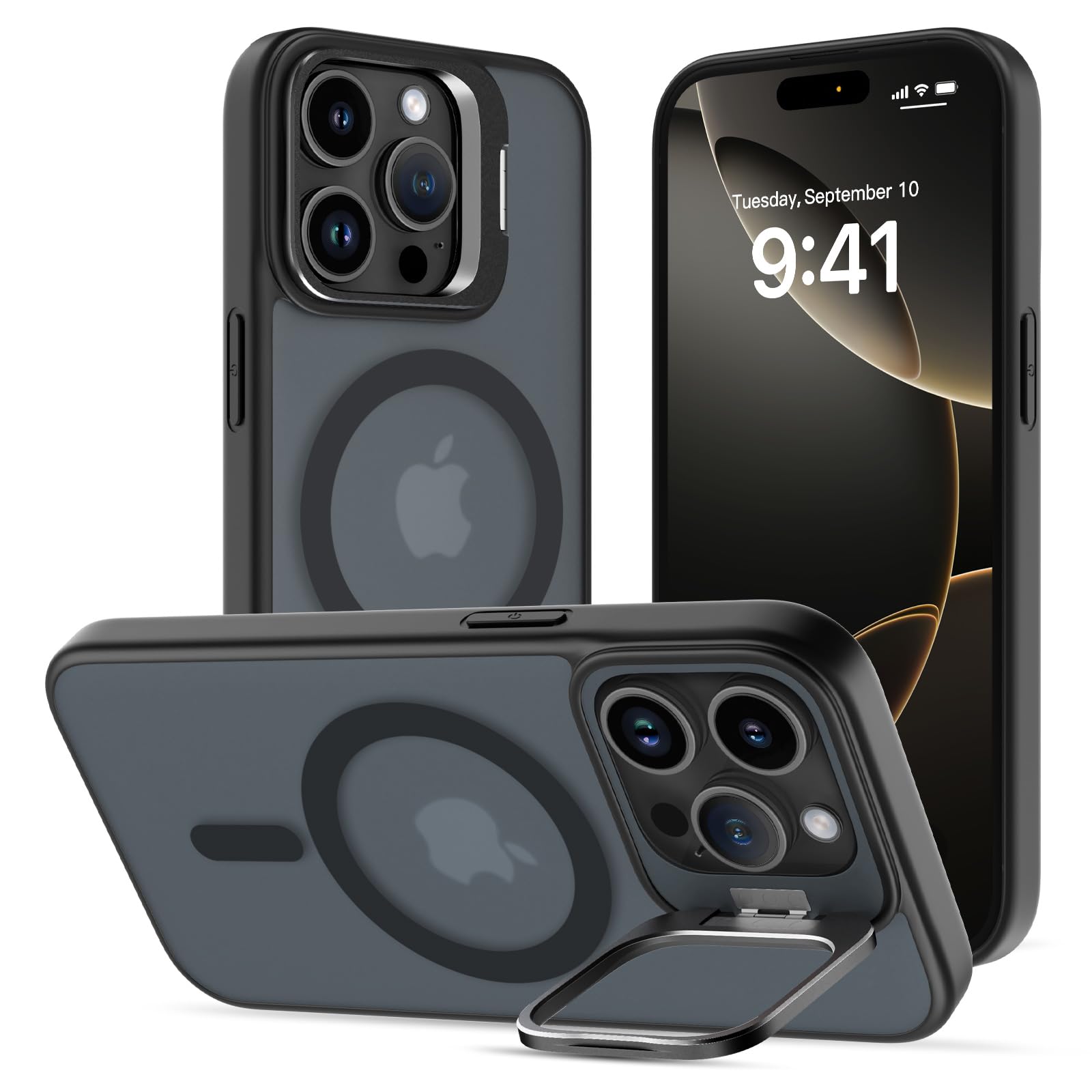 Cover MagSafe Per IPhone 16 Pro Con Supporto Regolabile Integrato - Antiurto, Sottile, Magnetica, Colore Nero
