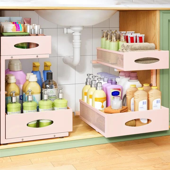 Image of Under Sink Organizer, 2-Pack Pull Out Cabinet Organizer 2 Tier Metal Slide Out Storage Shelf Rack, L-Shaped Adjustable Height,Mesh Sliding Drawer for Kitchen, Bathroom, Laundry, Pantry, Pink, XL