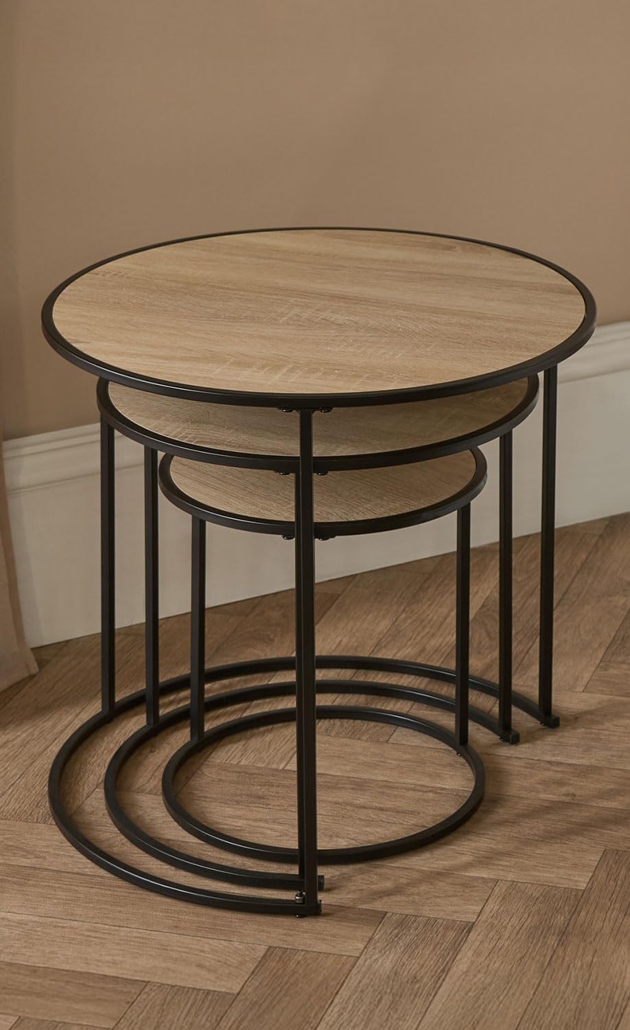 OHS Nest of Tables Set of 3, Manhattan Stacking Side Table Living Room Wooden Stylish Decorative Coffee Table Sturdy Metal Frame Home Interior Easy Assembly Round Nesting Tables, Light Wood