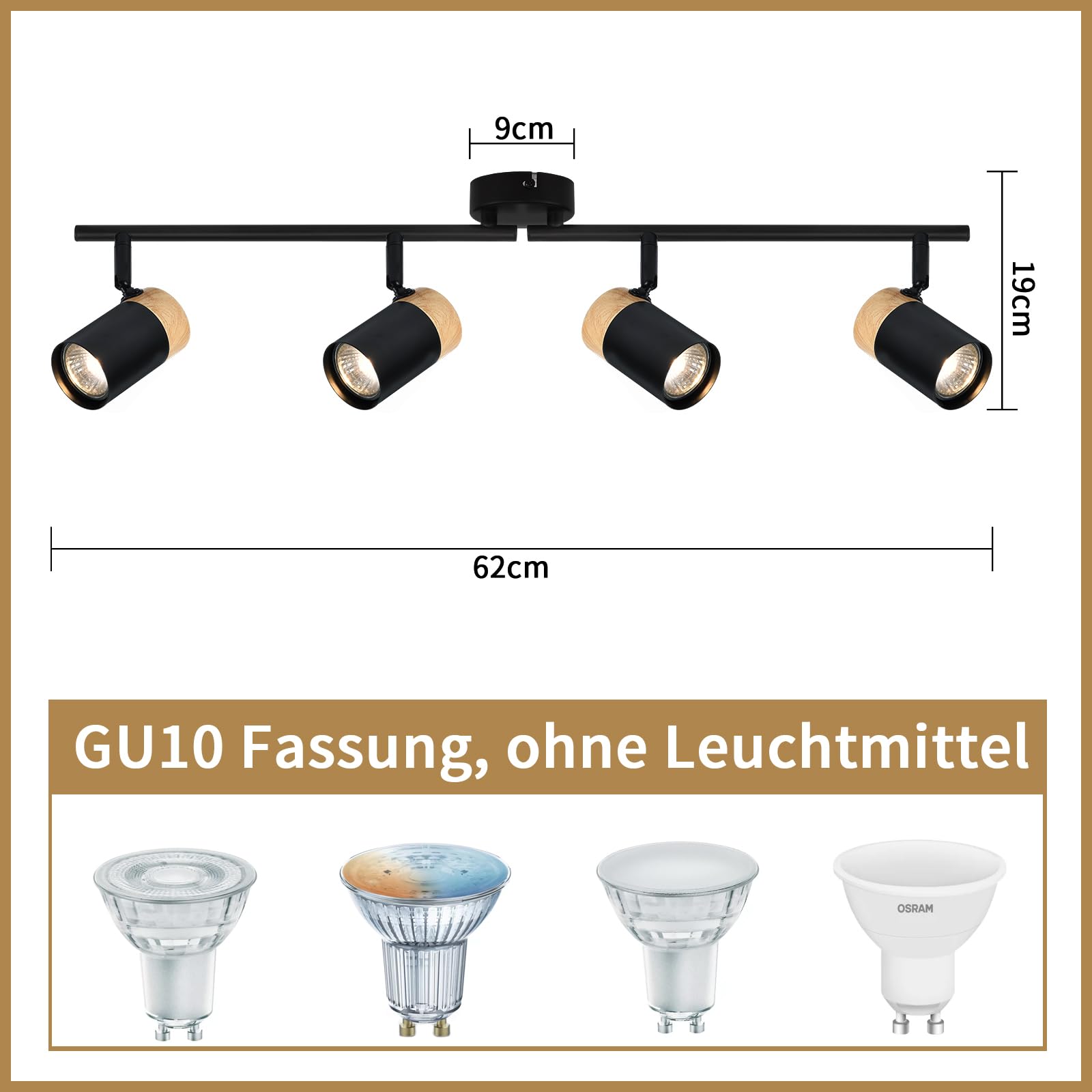 Glitzerlife Plafón de madera negro Plafón - 4 brazos GU10 LED orientable 330° Foco para salón cocina habitación infantil Sin bombillas