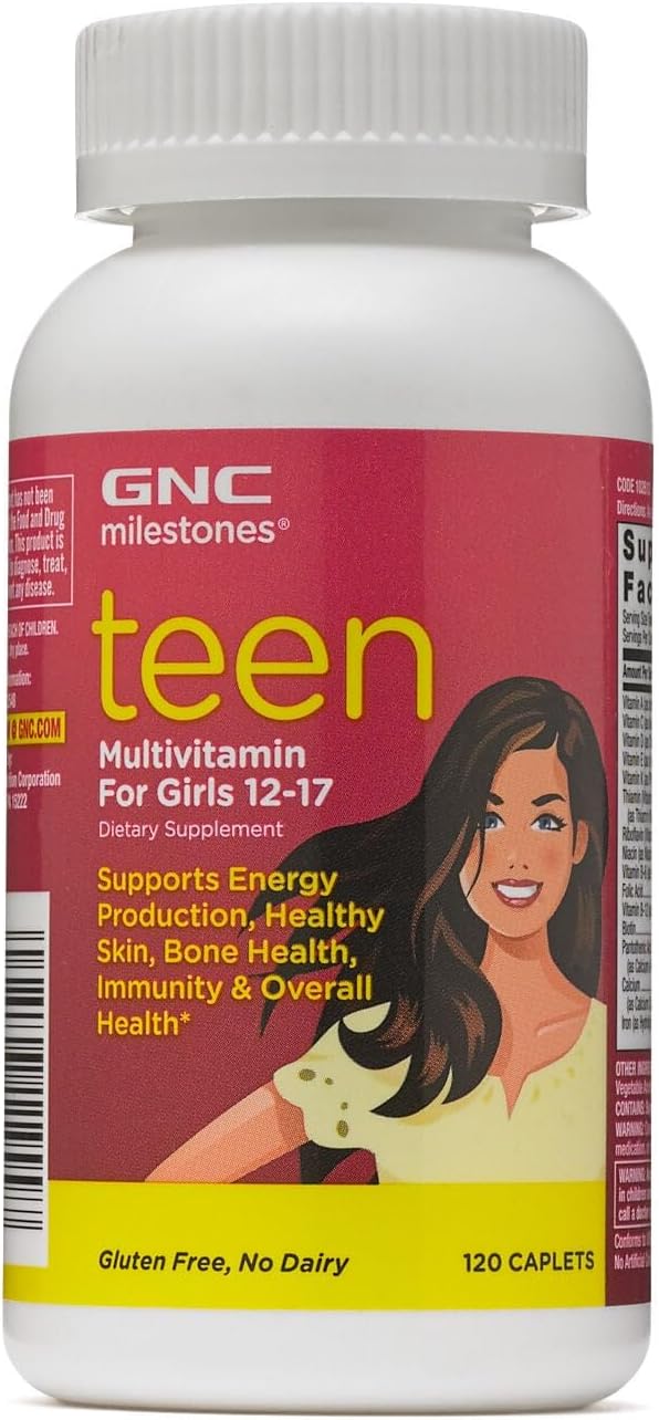 GNC Milestones Teen Multivitamin for Girls 12-17, 120 Caplets, Supports Energy Production and Healthy Skin, Bone Health and Immunity