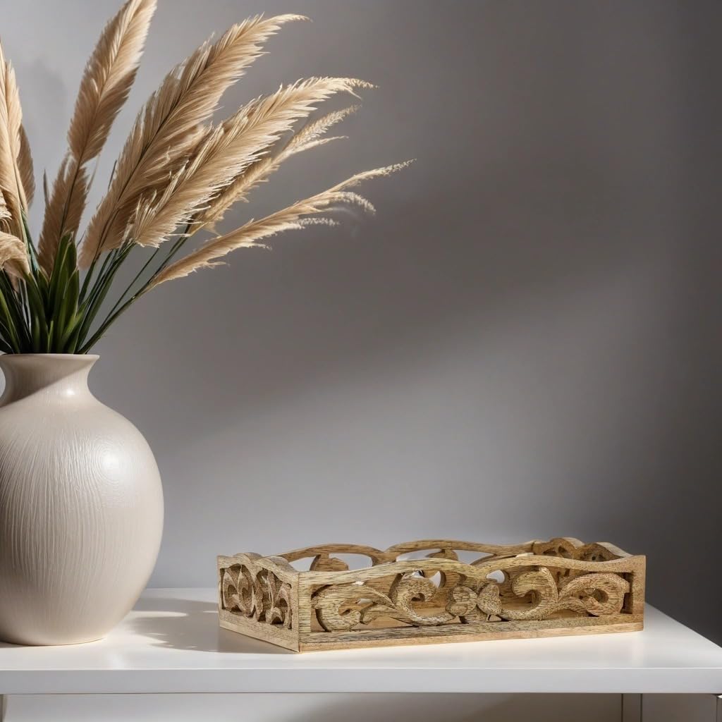 Marrakesch Boho dekoracyjna prostokątna drewniana taca do serwowania, 25 x 15 cm, brązowe drewno, 100% drewno, idealna do kuchni, salonu, dekoracji sypialni i śniadania w łóżku