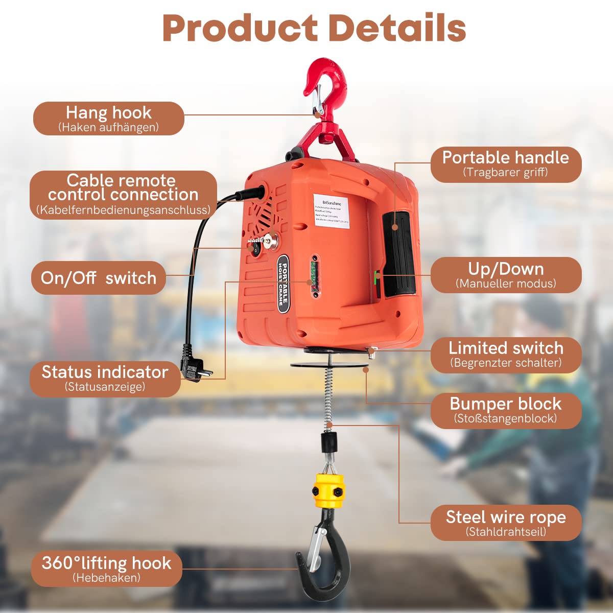 3 en 1 Polipasto Eléctrico 500KG,1500W Montacargas Cabrestante Eléctrico Portátil 220V con Eslinga de 7.6m para Elevación,Manual/Cable/Control Remoto,5M/Min