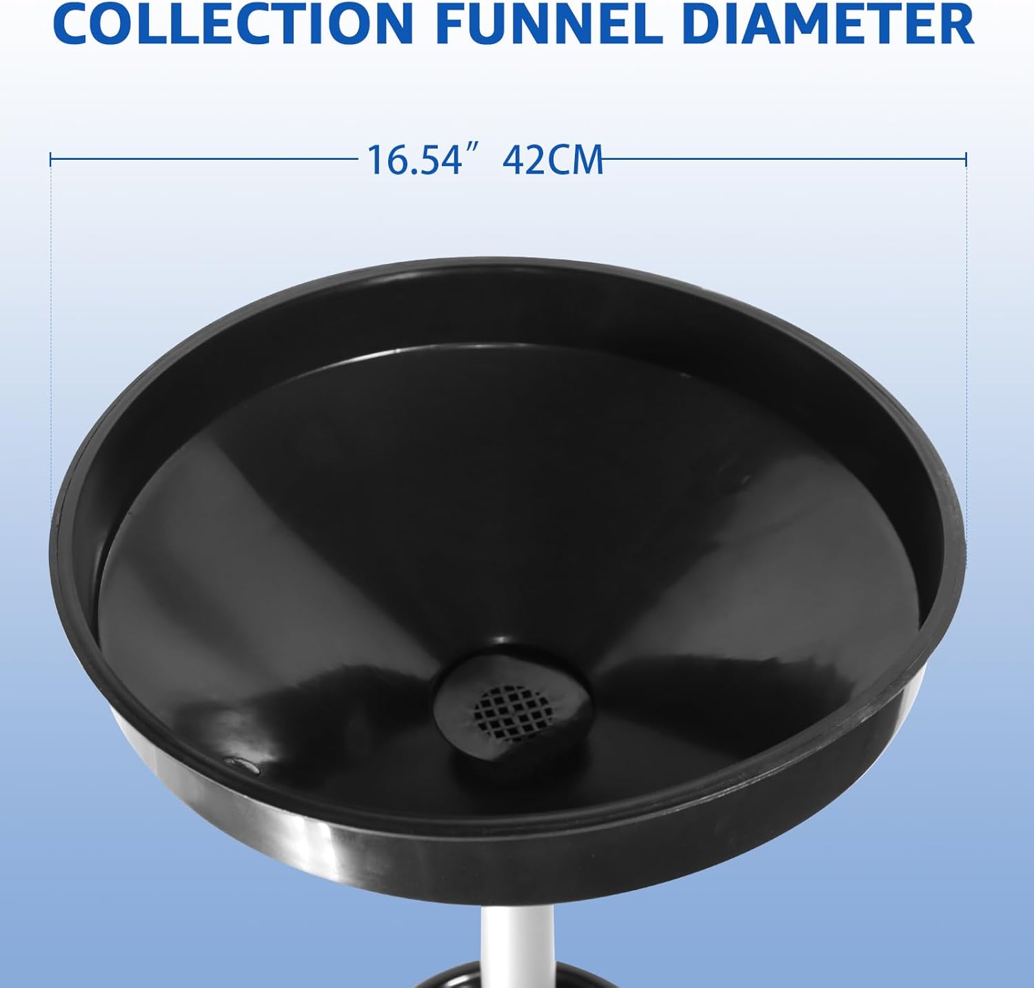 HKTE 9-Gallon Waste Oil Drainer, Adjustable Height (27"–68") with Spring Clamp, 17" Funnel, Mobile Oil Drain Pan with Heavy-Duty Casters, Tool Tray, Oil Filtration Screen, for Cars, Trucks, SUVs