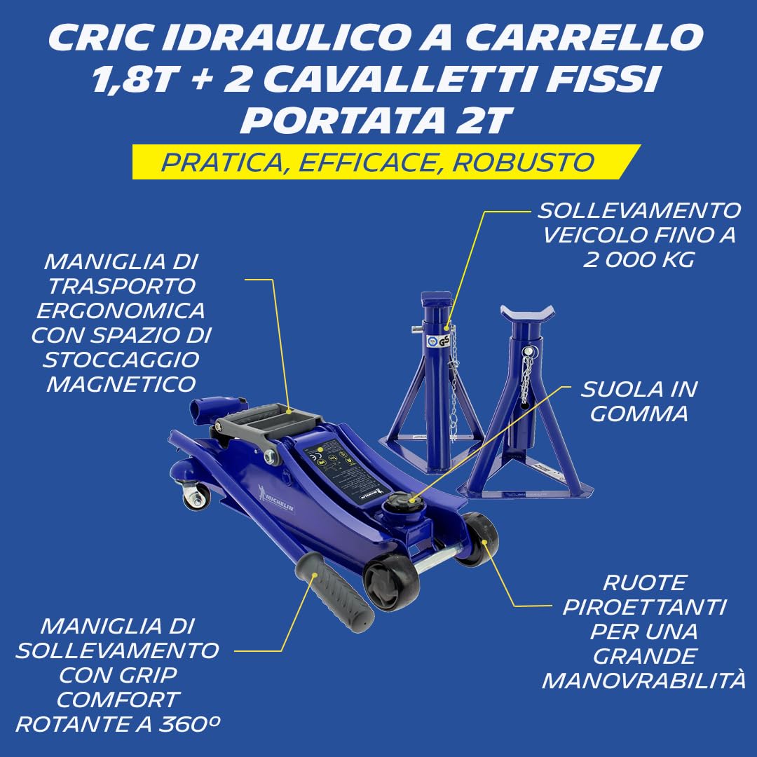 MICHELIN Kit Cric Idraulico a Carrello 1,8T con 2 Cavalletti Fissi 2T