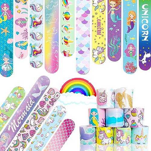 Viicoor Slap Bracelets 48PCS Unicorn Mermaids Snap Bracelet Wrisrtband for Party Favors Basket Bag Filler School Prizes Birthday Exchanging Gifts Bulk (19-Mermaids and Unicorns-48PCS)