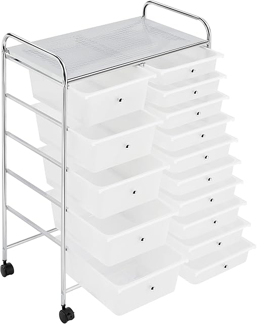 costoffs 15 Drawers Storage Unit On Lockable Wheels, Plastic Trolley Cart, Salon, Beauty, School, Home & Office Organiser, White