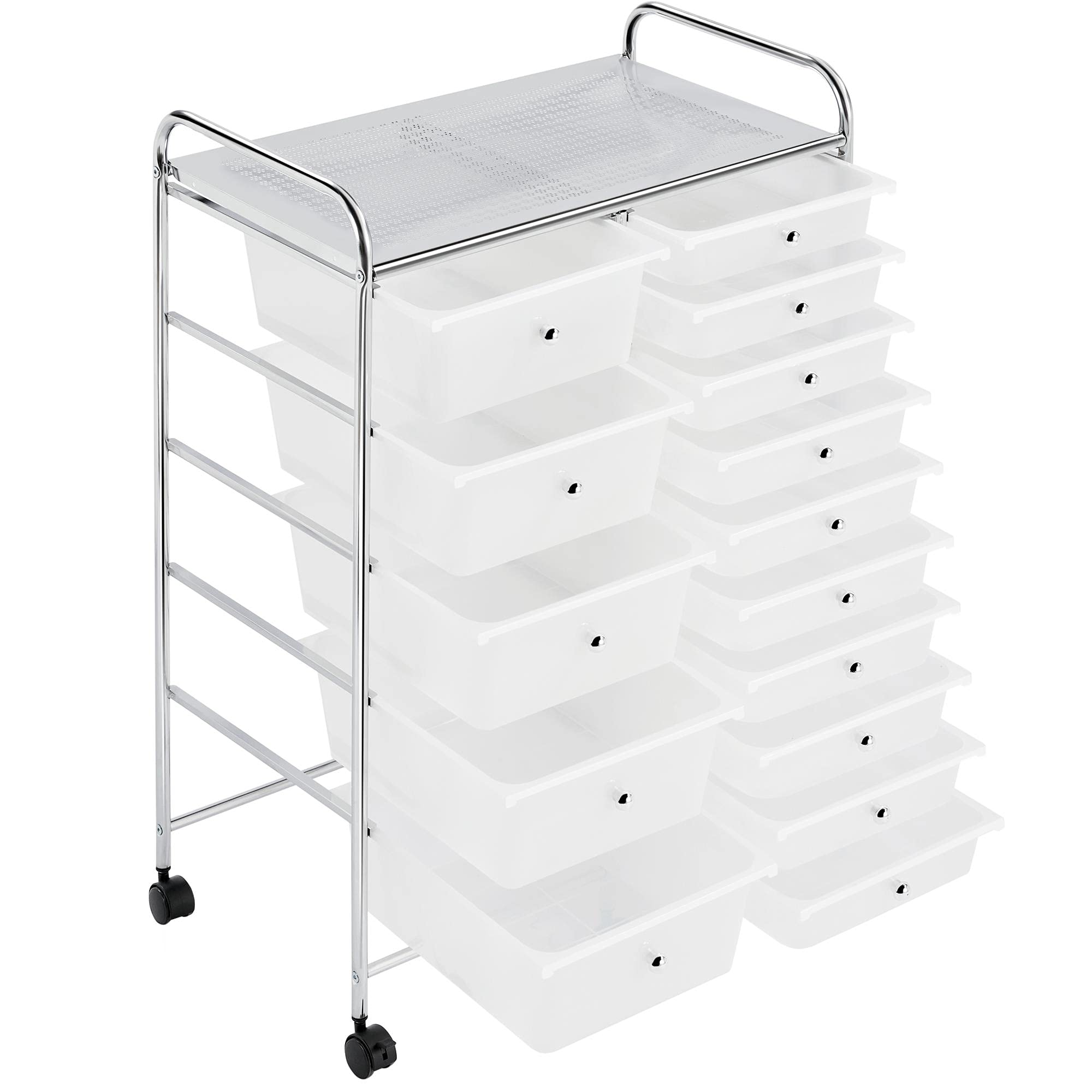 Yaheetech Rollwagen Badrollwagen mit 15 stapelbaren Schubladen, Rollcontainer Metallgestell, Haushaltswagen mit Bremsen, Aufbewahrungswagen rollbar, 62,5 × 36 × 91 cm