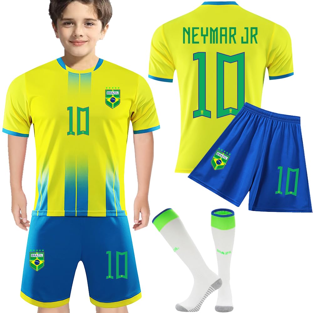 CasmydBrazil Soccer Jersey+Shorts Kids 2022 World Cup Ney’MARR #10 Football Jersey Set Sports Fan Shirts for Boys/Girls