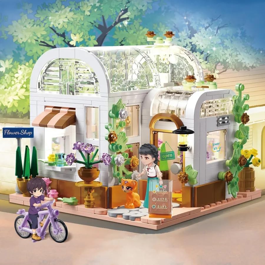 Image of SKY LINE OCEAN Kids Glass Flower Shop Building Blocks Set (561+ Pieces) with LED Lights | Creative DIY Construction Toy | Educational STEM Kit | 6-Month Structural Warranty | Gift for Boys & Girls