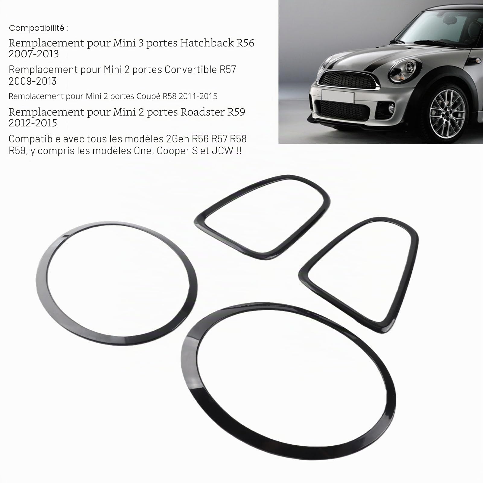 Keenso Lot de 4 Garnitures de Lunette de Phare, Noir Brillant pour Phare Arrière, Garnitures de Remplacement pour Mini R56 R57 R58 R59 S JCW