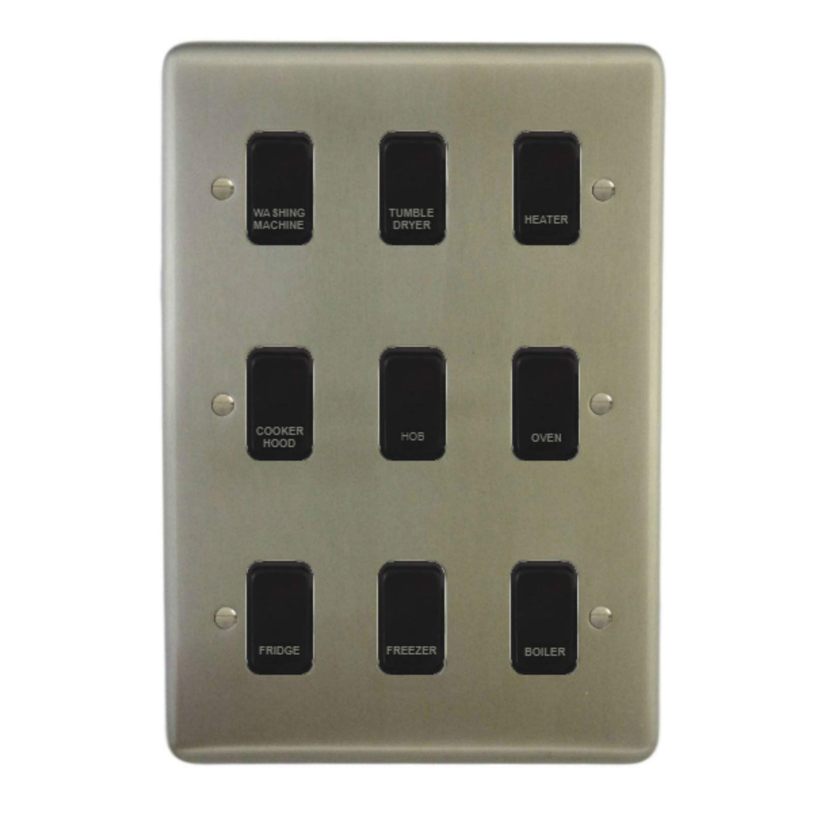 Satin Chrome Customised Kitchen Grid Switch Panel with Black Switches - 9 Gang