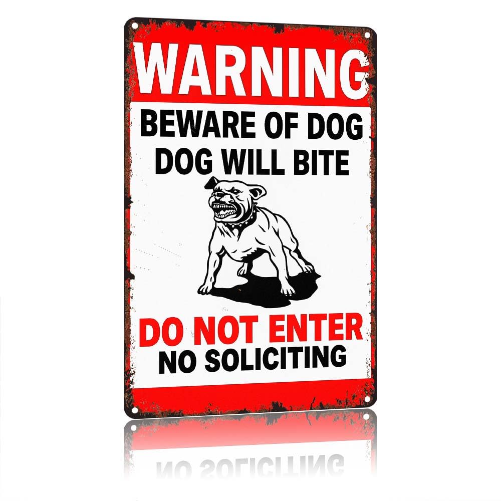 peiyeety WARNING Beware Of Dog Dog Will Bite DoEnter No Soliciting, Vintage 12X8 Inch Aluminum Metal Tin Sign, Retro Wall Decor For Home Garden Fence Garage Outdoor Gate Yard Warning Decoration