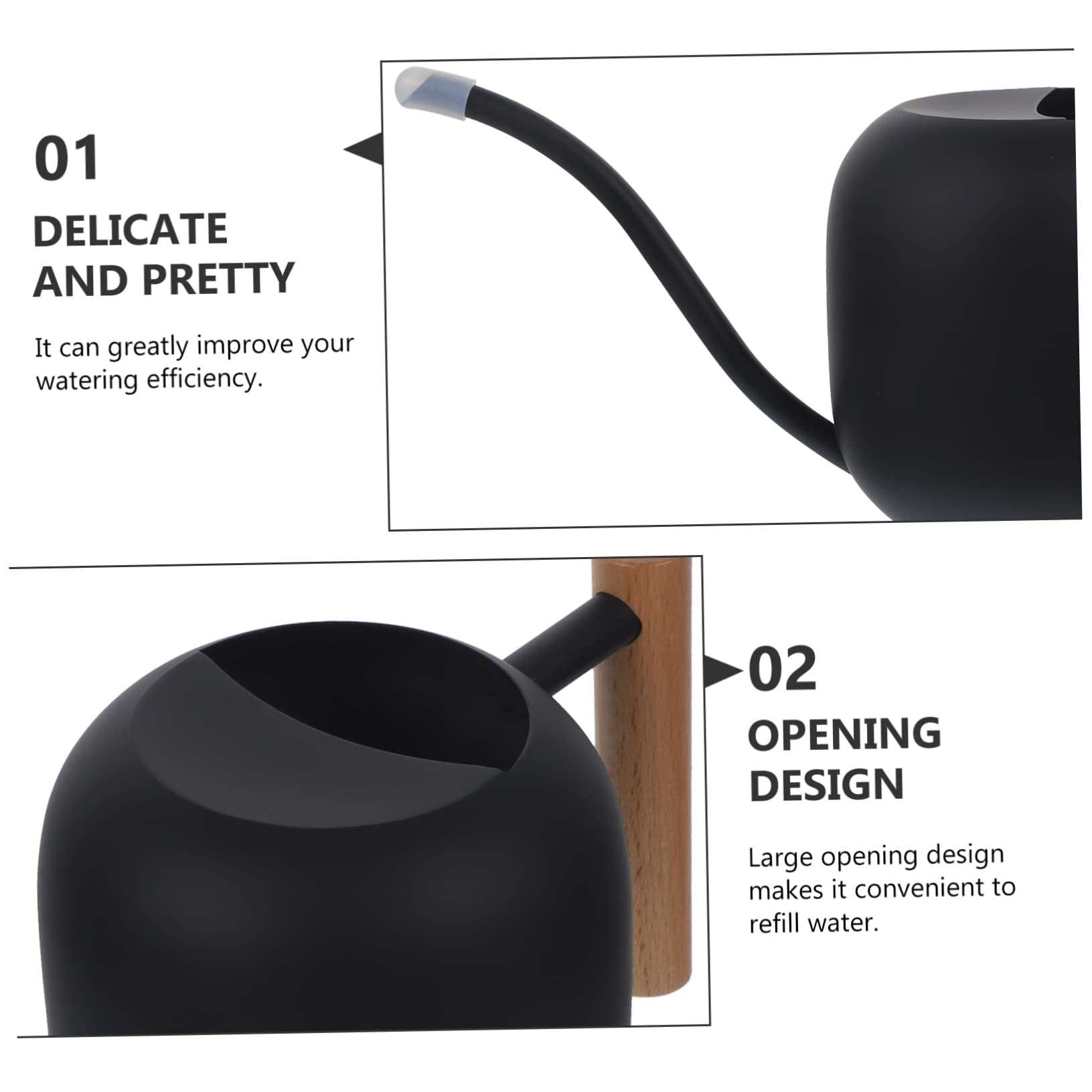Regadera de Largo 1, 2 L de Acero Inoxidable Mango de Madera | Negro, Asa Ergonómica y Vertido sin Derrames, para Plantas y Suculentas en Casa o Jardín