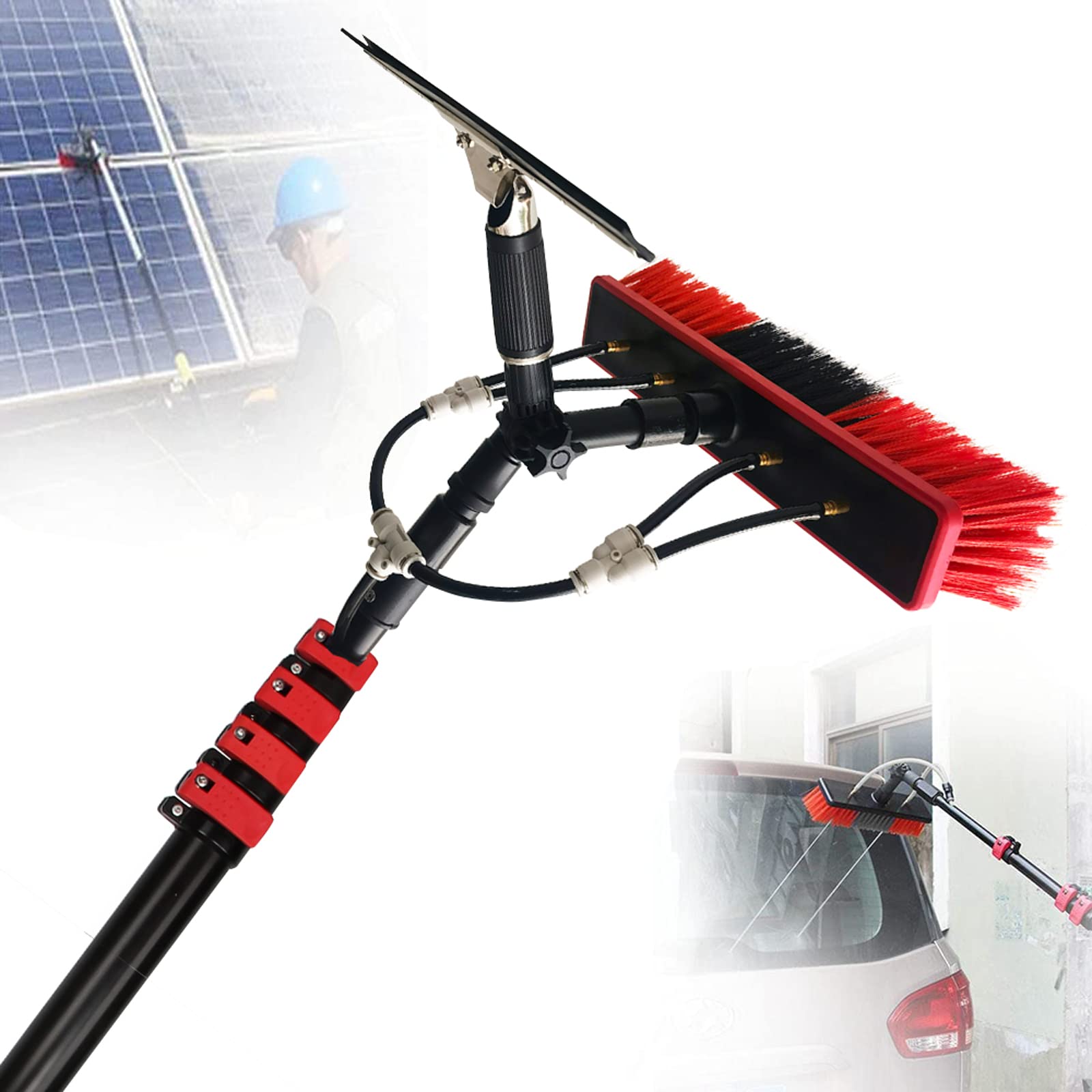 Kit Lavavetri con Spazzola Telescopica Alimentata ad Acqua, Spazzola per la Pulizia dello Spruzzo d'Acqua del Pannello Fotovoltaico-20FT(6m)