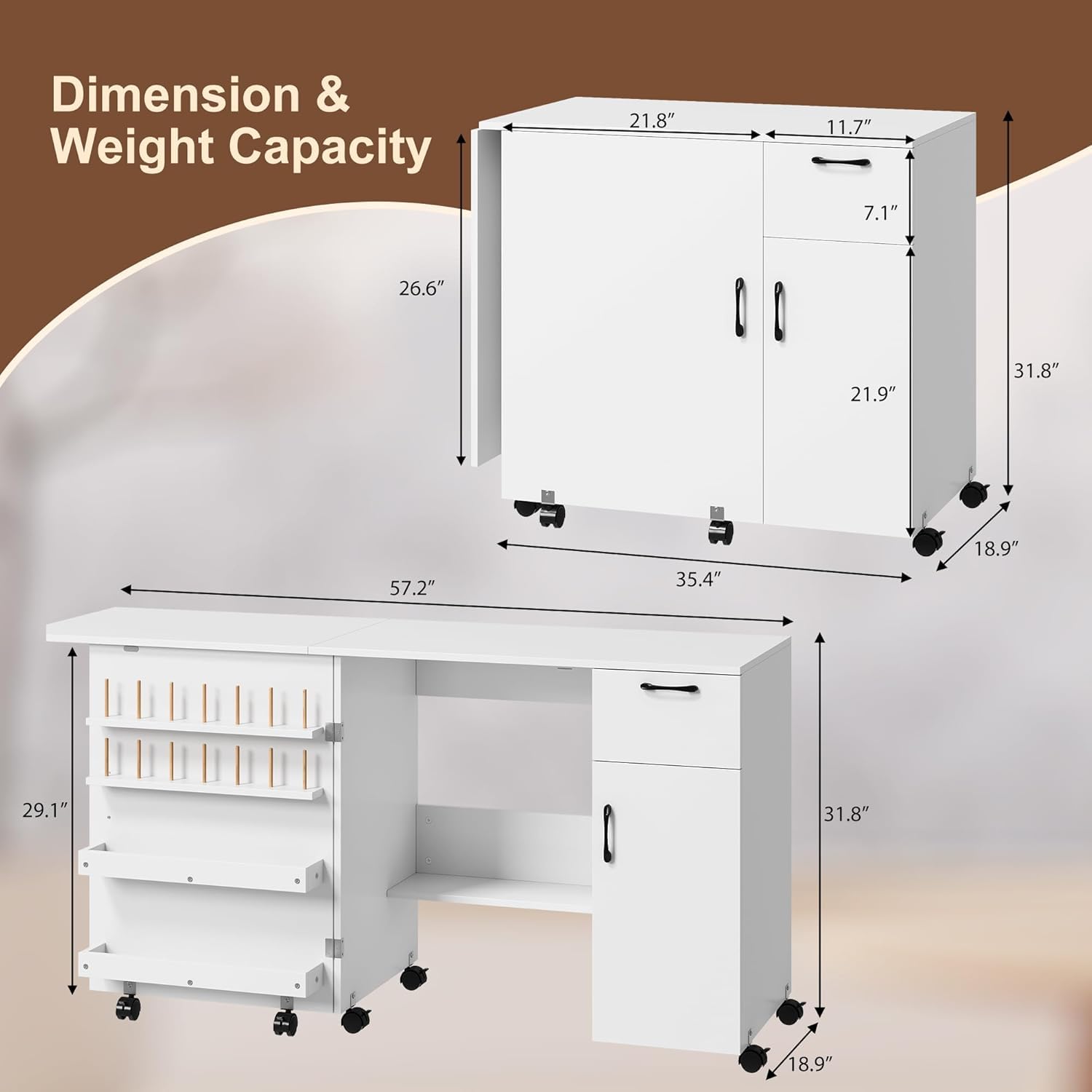 Folding Sewing Machine Table with Storage Shelves and Sliding Drawer, Craft Station with Lockable Wheels, Rolling Side Desk for Sewing Machine for Home, Bedroom, Small Spaces, White