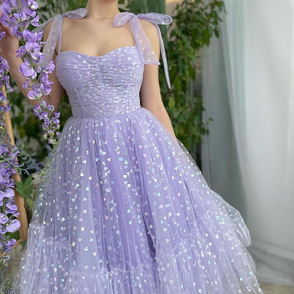 Abito da donna in tulle con cinturino a cravatta abiti da ballo con ricamo floreale a cuore corto abito da festa formale mini abiti da ritorno a casa, Viola, M