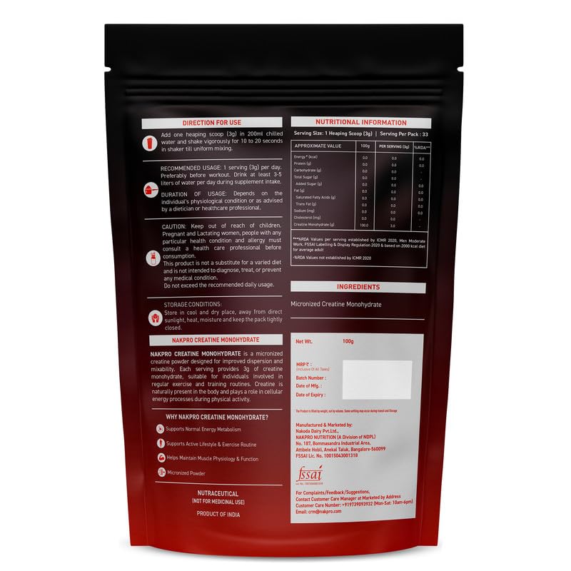 NAKPRO NUTRITION Micronised Creatine Monohydrate | 100g (33 Servings) | Unflavoured | Trustified Certified | Rapid Absorption Pre/Post Workout