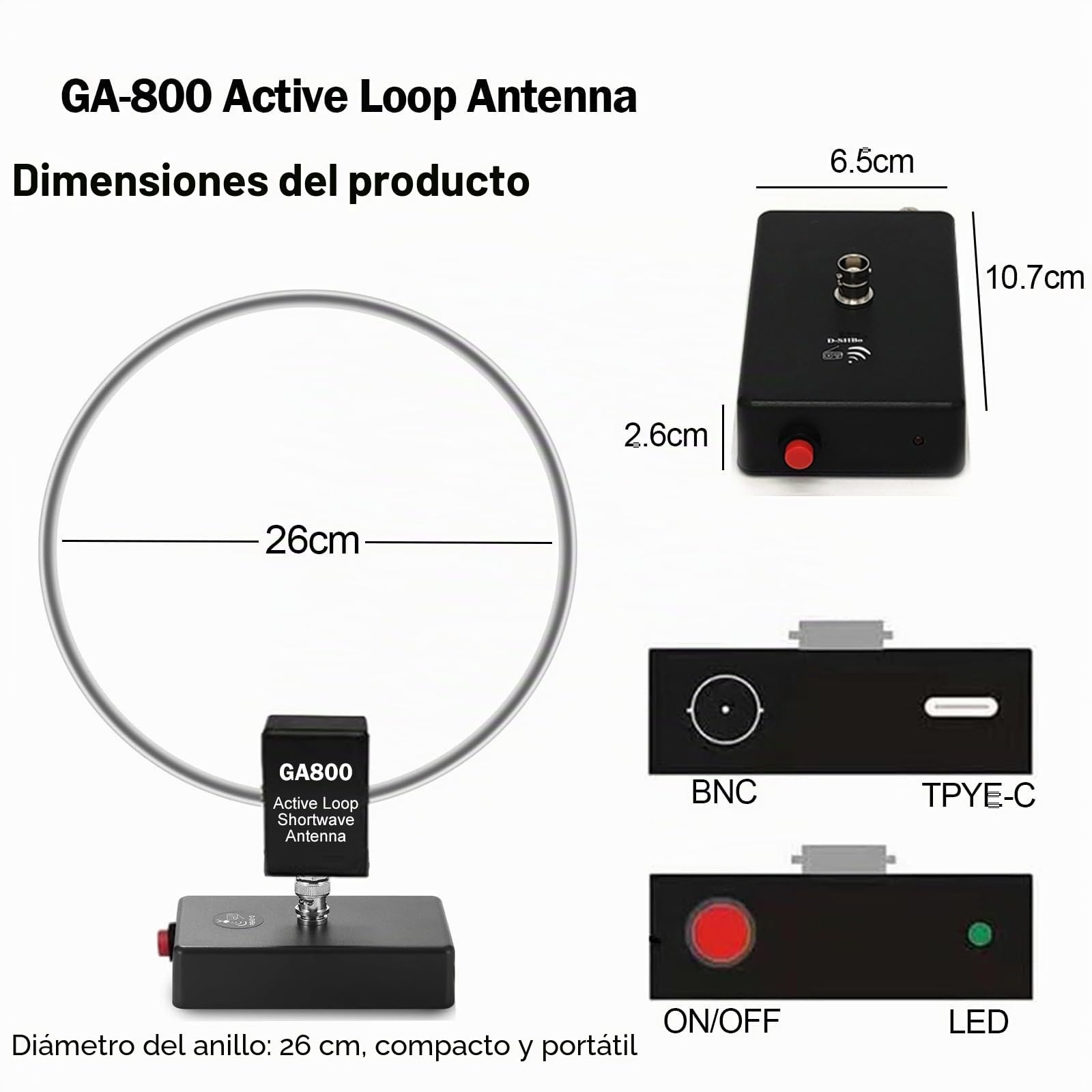 AURSINC GA800 Antena de bucle, antena de radio de onda corta activa con cable BNC 10 KHz-159 MHz HF para radioafición (sintonización gratuita)