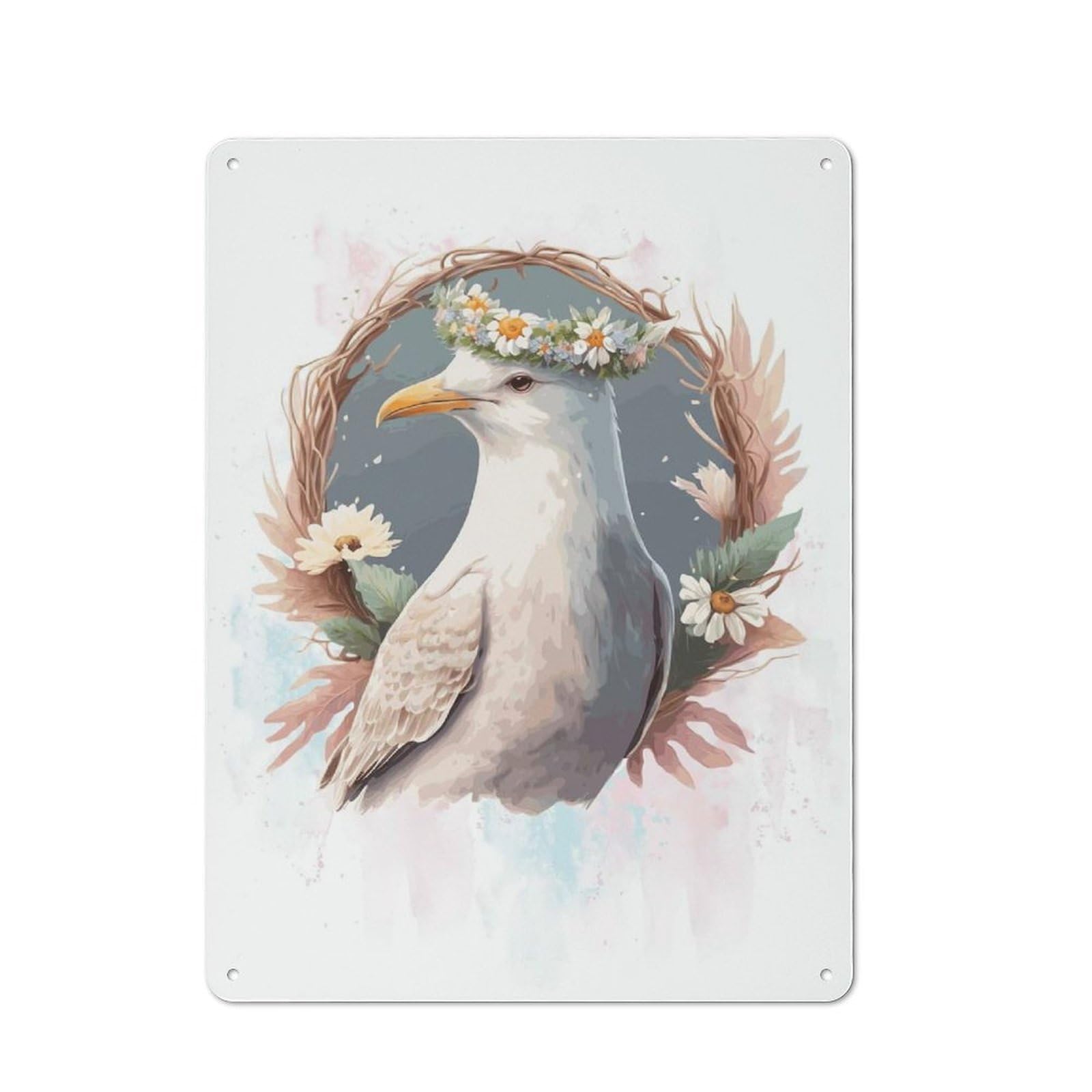 Junmoney Style-20 Metal Wall Sign 40X30cm Featuring Floral Watercolor Seagull For Bar Or Restaurant, For Themed Interiors In Bars And Restaurants