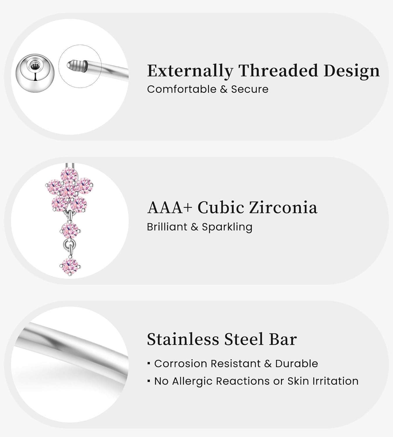 8Pcs Gold Pink Silver Belly Button Ring Dangle Navel Belly Piercing Jewelry Cute CZ Butterfly Heart Flower Bow Navel Belly Rings for Women 14G Hypoallergenic Surgical Stainless Steel Dainty Dangling Dangly Belly Button Piercing Pack - Image 3