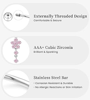 BSJ4U Belly Button Ring Dangle Navel Belly Piercing Jewelry Cute Pink CZ Heart Butterfly Bow Flower Navel Belly Rings for Women 14G Silver Stainless Steel Dainty Dangly Dangling Belly Button Piercing