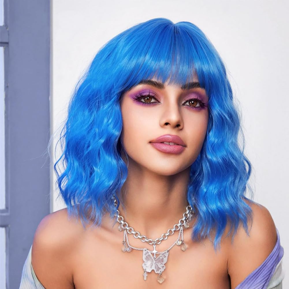 Photo 1 of LOSMOEER Blue Wig with Bangs Short Wavy Wigs for Women Shoulder Length Curly Bob Wigs Heat Resistant Synthetic Wigs for Halloween Cosplay Daily Party Use