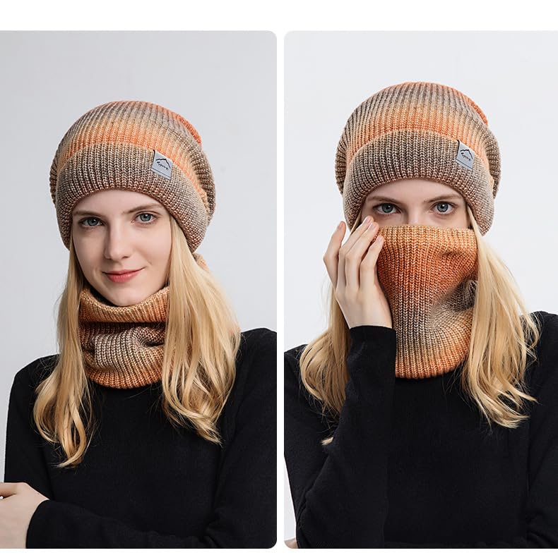 Gorro de Invierno, Gorros de Invierno for Mujer, Conjunto Gorro y Bufanda Punto Grueso cálido con protección for Las Orejas Lana degradada(Orange)