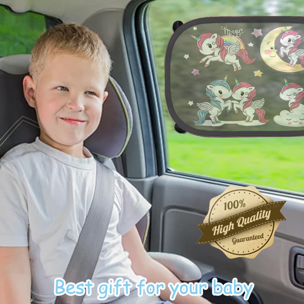 2 Pare-Soleil Voiture Enfant - Protection UV Fenêtres Latérales 44x36cm - 8 Ventouses - Motifs Arc-en-Ciel Et Poney