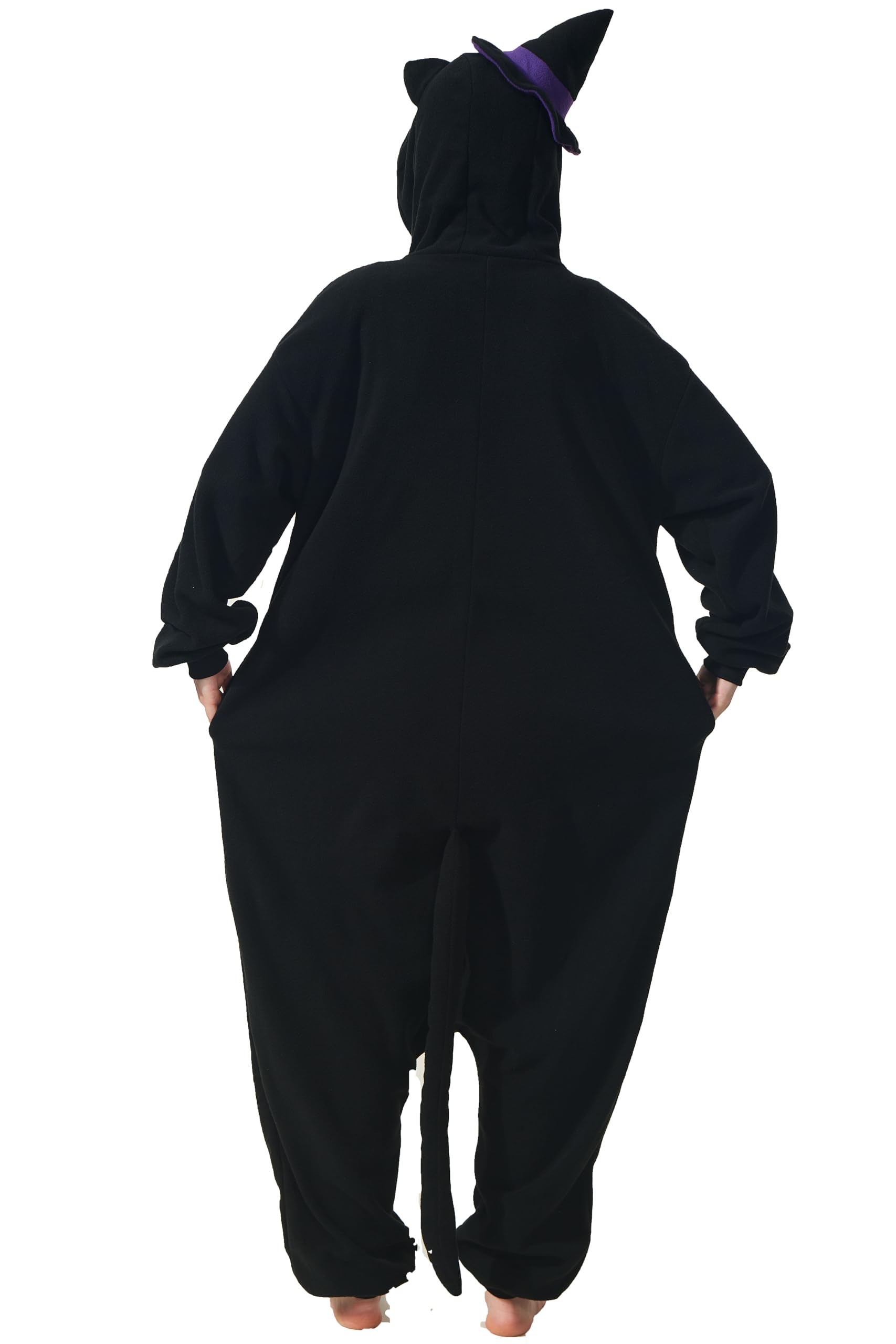 Kostium czarnego kota dla dorosłych unisex jednoczęściowa piżama Halloween Boże Narodzenie zwierzę cosplay z kapeluszem czarownicy