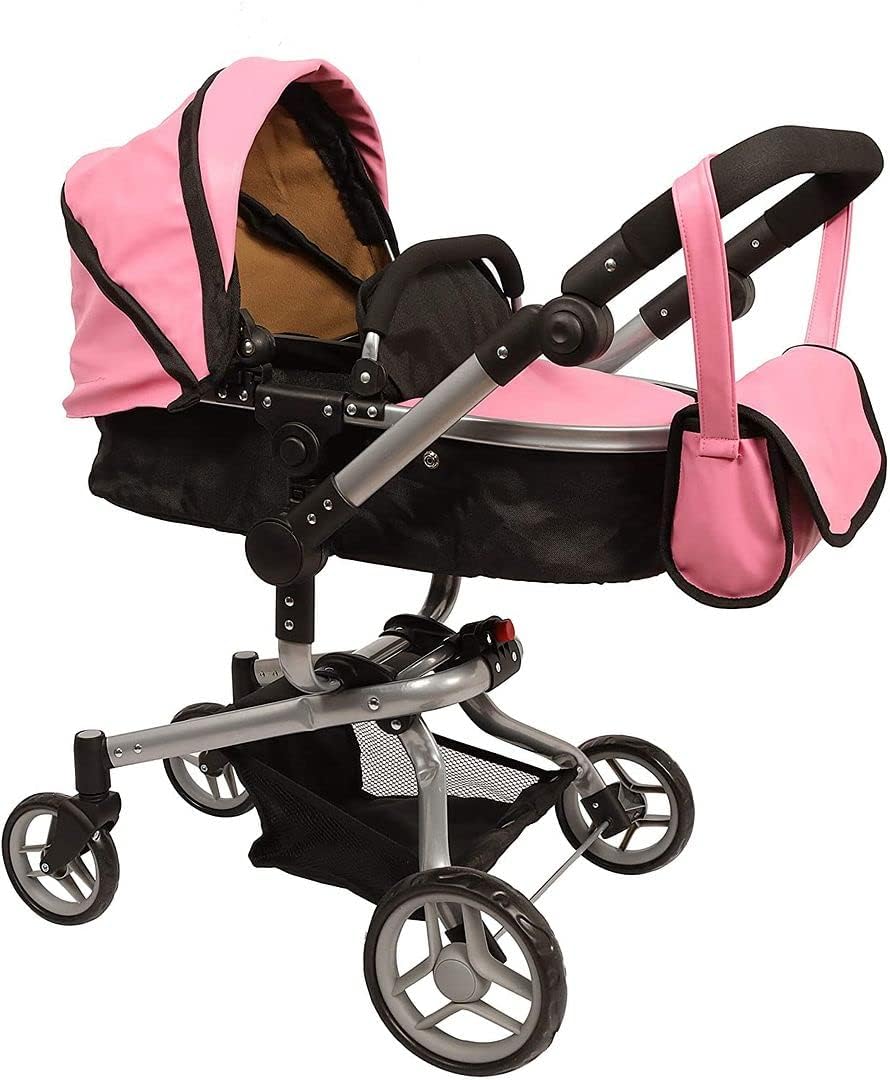 Mommy & Me Babyboo 2 in 1 Deluxe Leather Doll Stroller Foldable Baby Doll Stroller, with Adjustable Handle, Convertible Seat, Swiveling Wheels, and Basket Extra Tall 32 Inch High - 9695