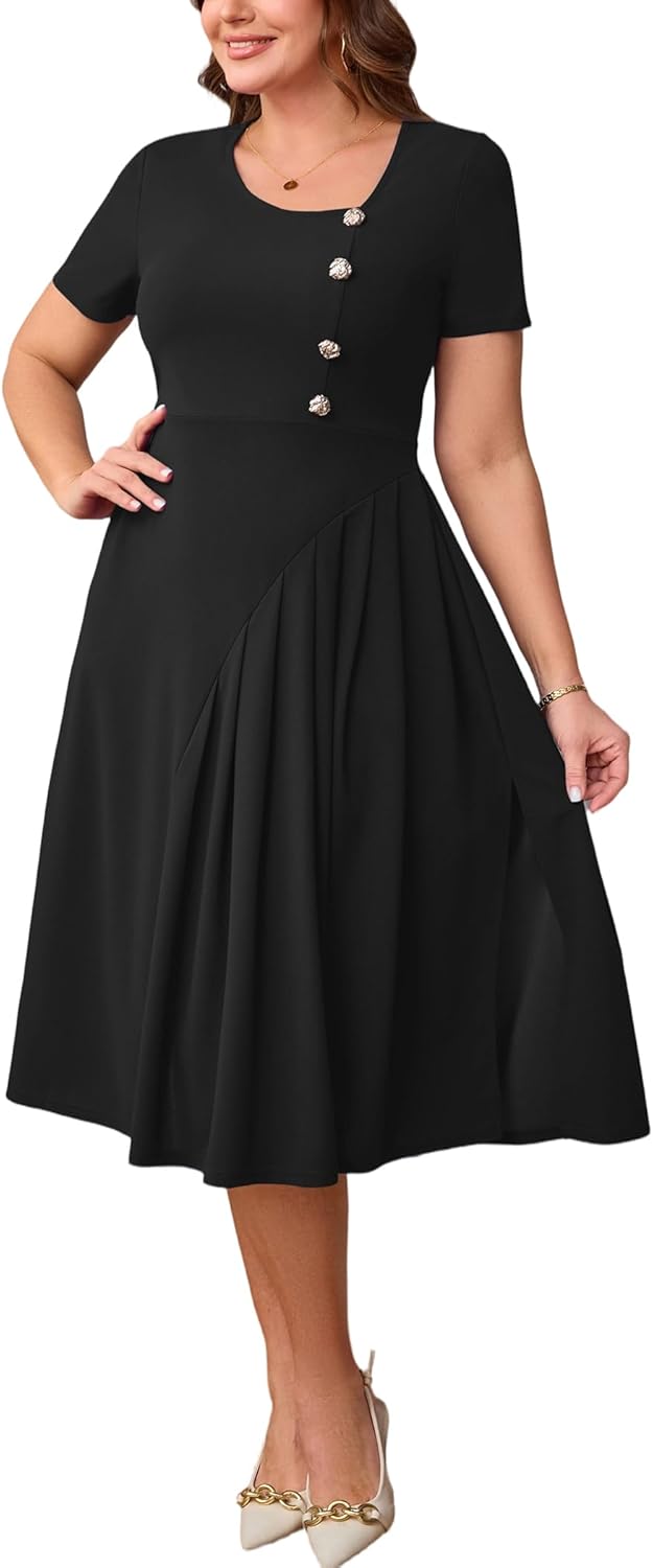 Ekaliy Womens Vintage Short Sleeve Midi Dress Pleated Flowy A Line Dres Elegant Church Dresses