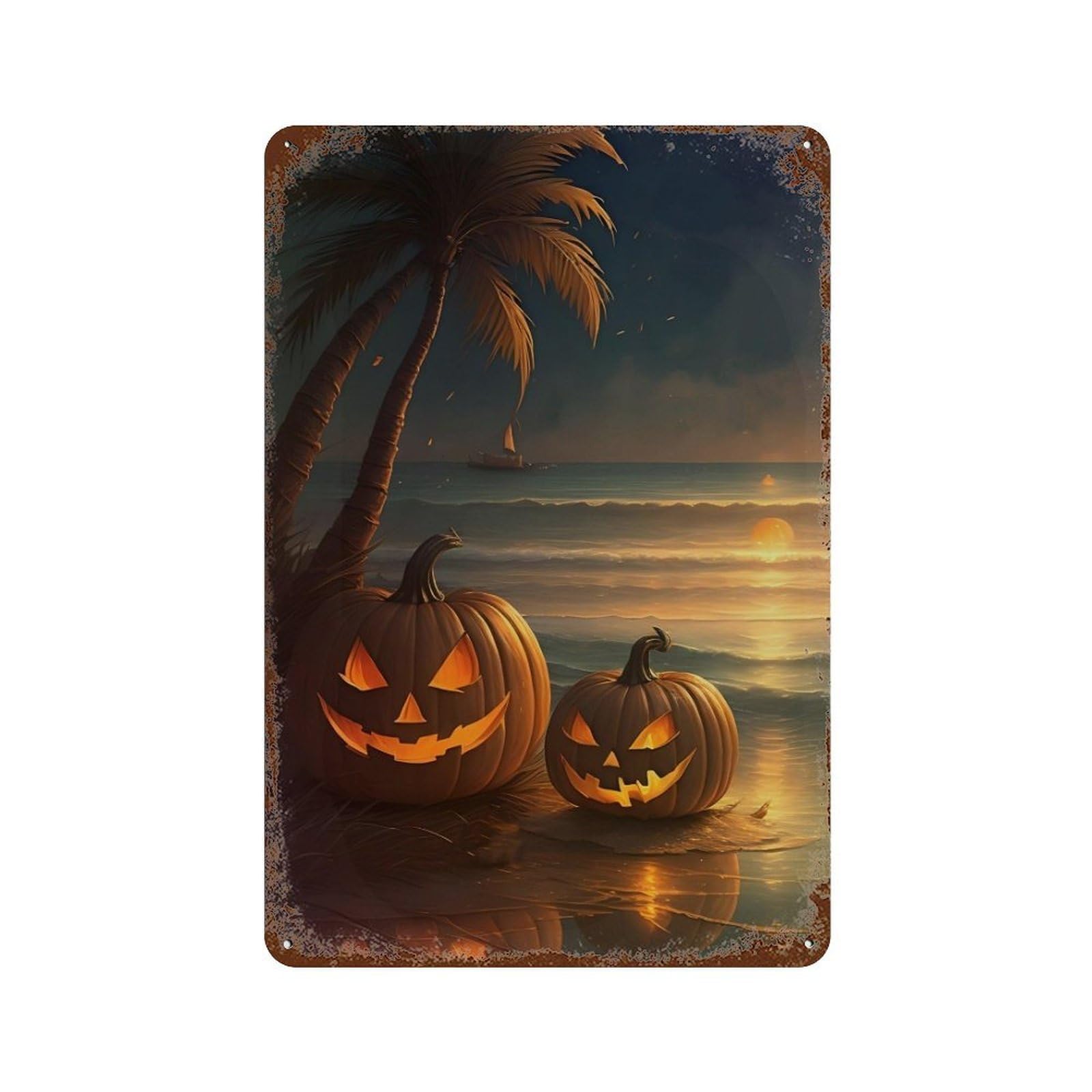 Pumpkins on Tropical Beach Decorative Tin Sign 11.8"x7.9", for Bistro, Counter And Cafe Decor, Novelty Wall Decor